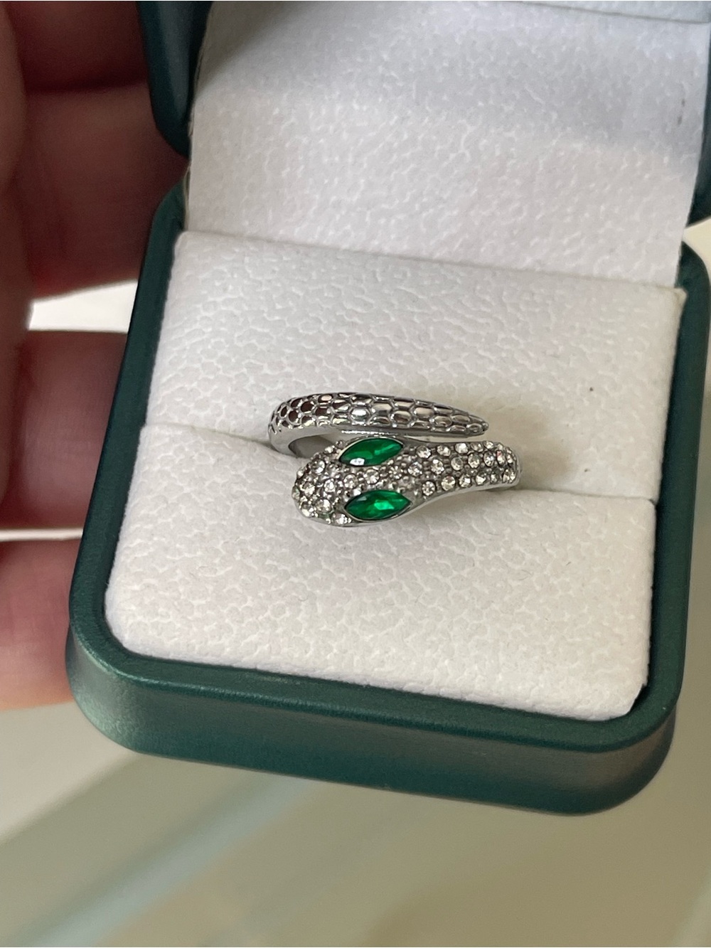 Silver Snake Ring with Emerald Colored  Eyes